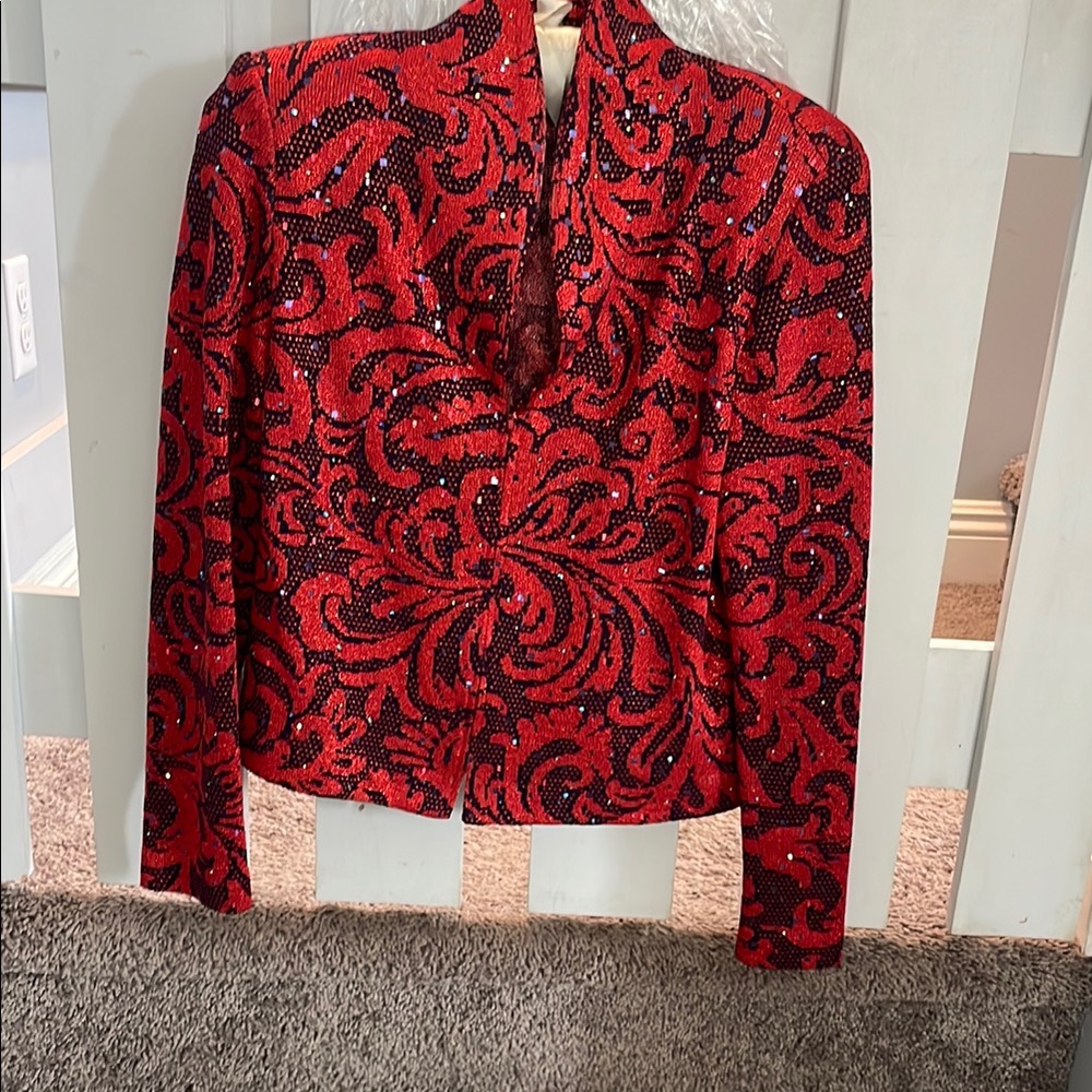 St. John Red and Black Graphic Long Sleeve Evening Formal Cardigan